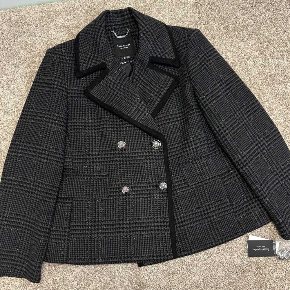 NWT Kate Spade New York Sparkle Houndstooth Wool Blend‎ Peacoat Women Size Large